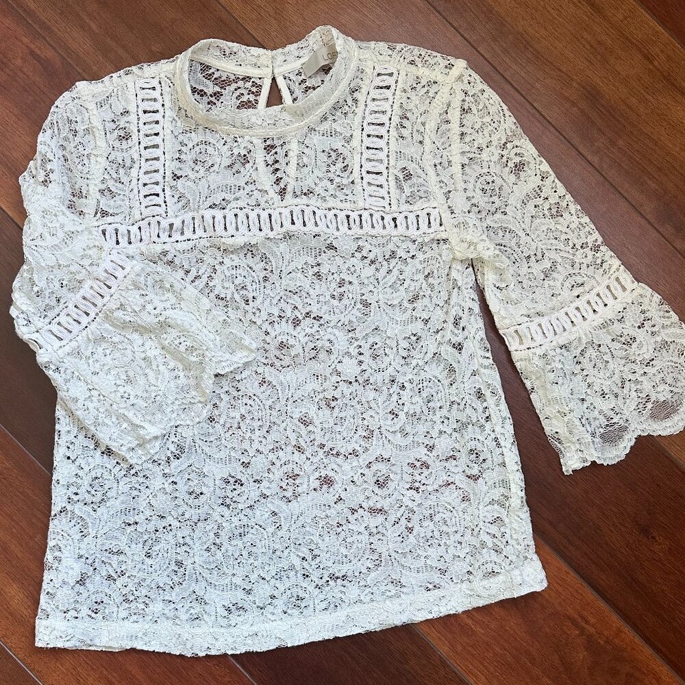 Loft Cream Lace Quarter Sleeve Shirt XS - Feminine Lace Details